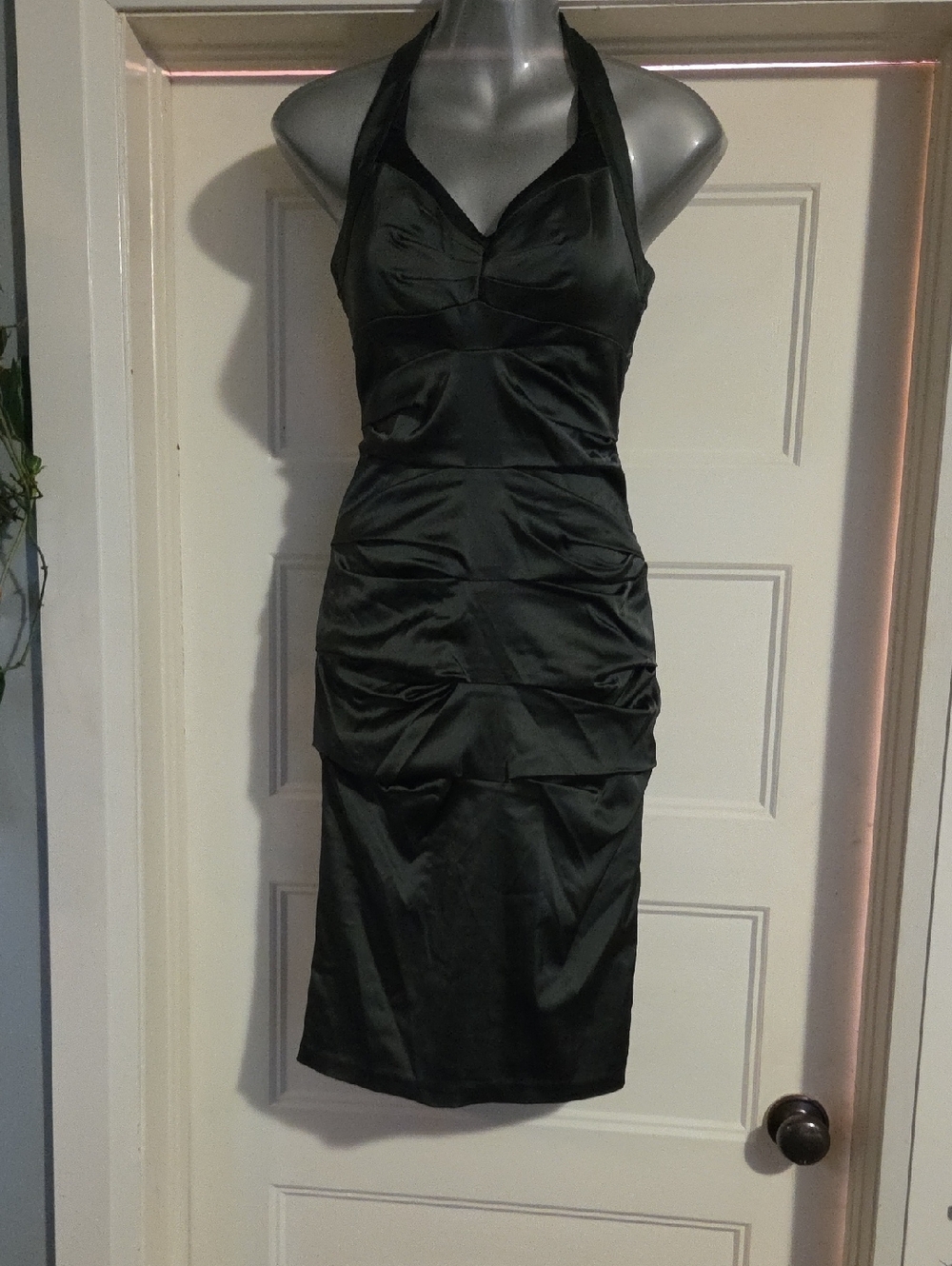 le chateau Black Satin Halter Ruched Midi Dress